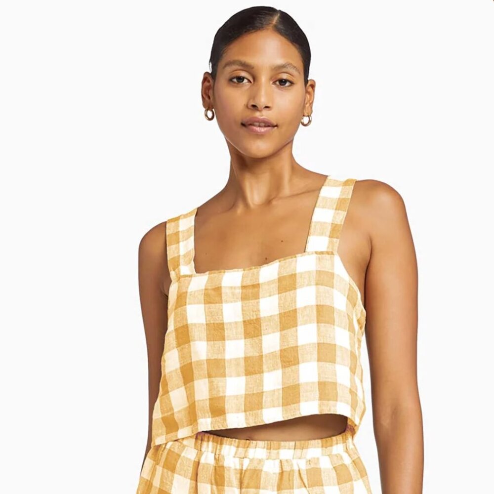 Linen Yellow Gingham Checkered Loose Crop Tank Top | Size M